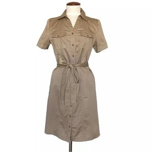 Talbots Belted Button Up Shirt Dress Khaki Tan Size 8 Pockets